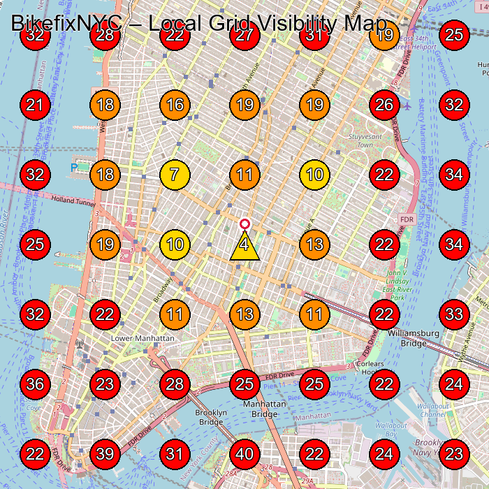 BikefixNYC GeoGrid visibility map for Bicycle Repair Shop in Chambers St
